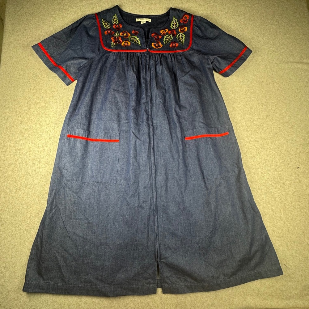 Go Softly Patio Petite Denim Lounger Dress Floral Embroidered Zip Front Blue PM